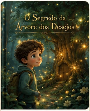 Capa ilustrada: um menino de mochila diante de uma árvore antiga com uma portinha iluminada por vaga-lumes.