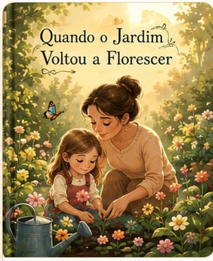 Capa ilustrada: mãe e filha cuidando de um jardim cheio de flores, com uma borboleta azul.