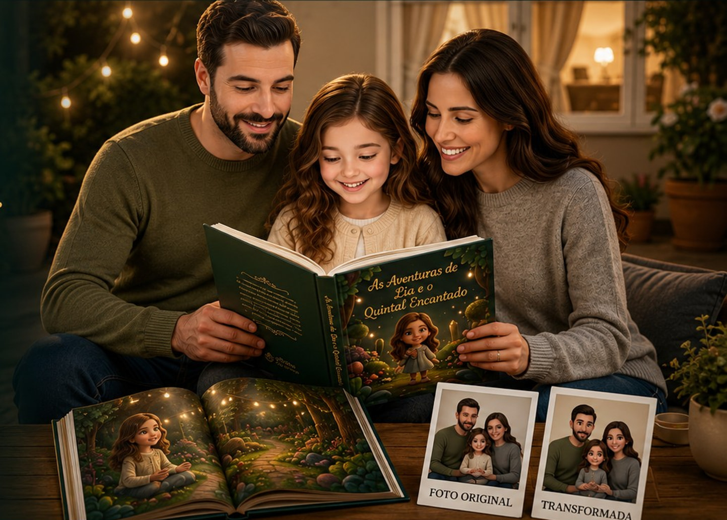 Pai, mãe e filha sentados juntos ao anoitecer, sob luzinhas acesas, lendo o livro personalizado “As Aventuras de Lia e o Quintal Encantado”. Na mesa à frente, o livro aberto e duas polaroides da família: “foto original” e “transformada”.