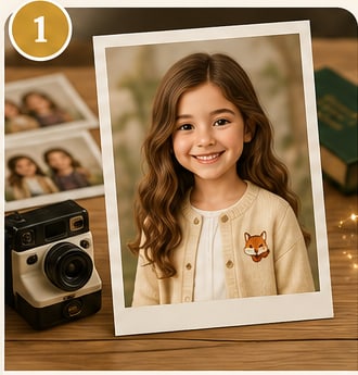 Passo 1: fotos impressas de uma menina sobre a mesa, ao lado de uma câmera fotográfica.