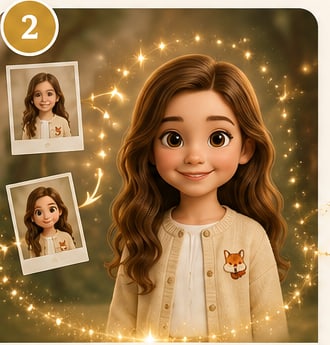 Passo 2: as fotos da menina se transformando no personagem ilustrado, cercado de brilhos dourados.