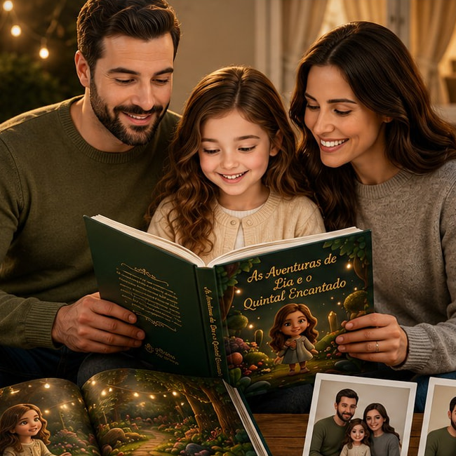 Passo 4: família reunida no sofá lendo o livro personalizado pronto.