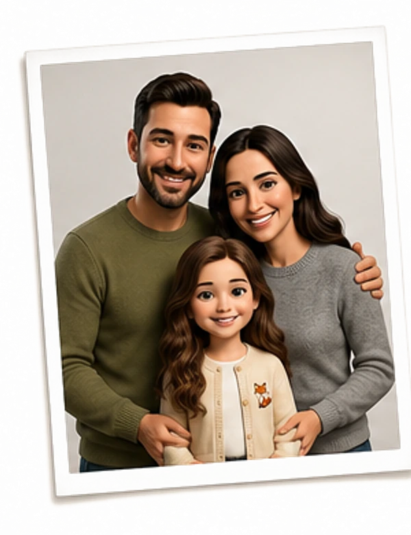 Polaroid com a foto original de uma família: pai, mãe e filha abraçados.