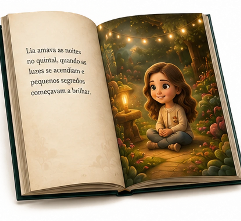 Livro aberto mostrando o texto da história à esquerda e a ilustração da menina no quintal encantado à direita.